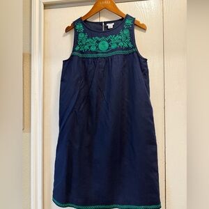 J. Crew Navy Dress w/ Green Embroidered Detailing Sleeveless Shift Dress Size XS